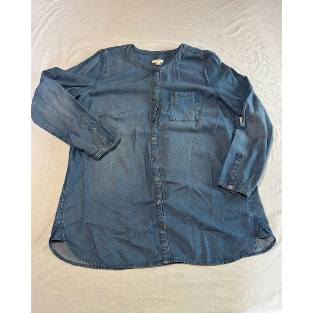 J.Jill Denim Womens M Chambray Tunic Shirt Button Front Collarless Long Sleeve